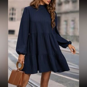 SHEIN Mock Neck Lantern Sleeve Ruffle Hem Smock Dress